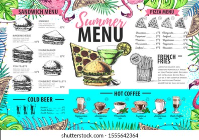 Hand drawing summer menu design with flamingo and tropic leaves. Restaurant menu