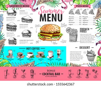 Hand drawing summer menu design with flamingo and tropic leaves. Restaurant menu