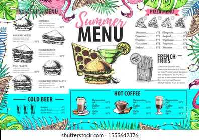 Hand drawing summer menu design with flamingo and tropic leaves. Restaurant menu