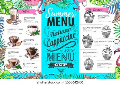 Hand drawing summer menu design with flamingo and tropic leaves. Restaurant menu