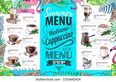 Hand drawing summer menu design with flamingo and tropic leaves. Restaurant menu