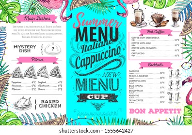 Hand drawing summer menu design with flamingo and tropic leaves. Restaurant menu