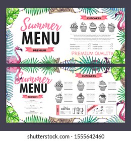 Hand drawing summer menu design with flamingo and tropic leaves. Restaurant menu