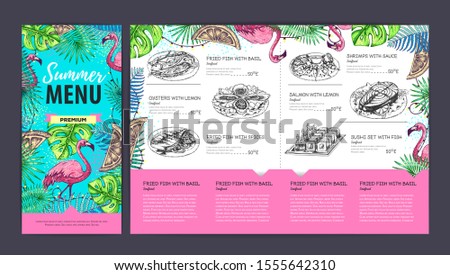 Hand drawing summer menu design with flamingo and tropic leaves. Restaurant menu