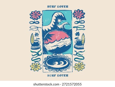 dibujo a mano Gráficos de verano para amantes del surf. grunge vintage con motivo de surf. grandes olas dibujando con flores. diseño de sudadera con camiseta para niños para mujeres en Vector