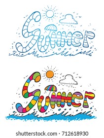 Hand drawing summer text. Colorful summer and line art summer text are layered separately.