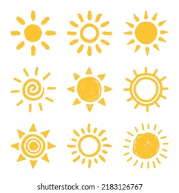 Hand drawing sun doddle illustrations set. Sunny, sunshine and sunbeam vector symbol.