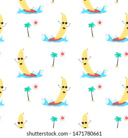 Hand drawing surfer banana pattern seamless vector illustration .  Print design for summer.