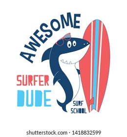 Hand drawing surfer shark illustration vector.  print design for summer.
