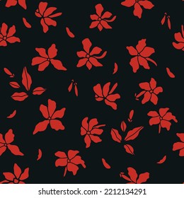 Hand Drawing Surreal Floral Pattern. Small Red Flower Repeat Pattern. Bloom Flowers With Leaves Ornament. Vector Illustration