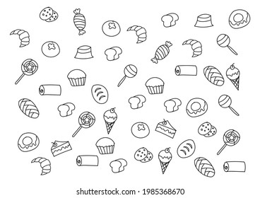 Hand drawing sweets candies and bakery doodle isolated on white background. cake, candies, ice cream, donut. Black and white cartoon.