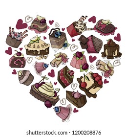 Hand drawing sweets, desserts, baking. Heart made of elements on white background, the composition of food doodles, vector illustration