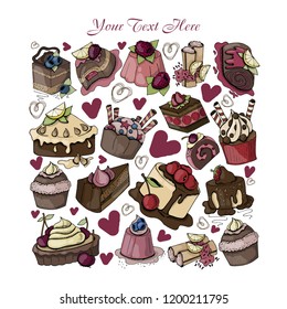 Hand drawing sweets, desserts, baking. square made of elements on white background, the backgroup composition of food doodles, vector illustration