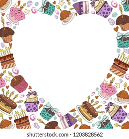 Hand drawing sweets, desserts, baking. Heart made of elements on white background, the composition of food doodles, vector illustration