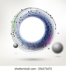 Hand drawing swirl drawing label with particles. Abstract vector circle. Linear sketch logo, ring art. Pen graphics outline element.