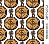 Hand drawing symbols of luck seamless pattern. Vector background with coin and fortune wheel on white background. Chess grid order