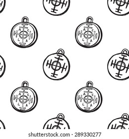 Hand drawing symbols of luck seamless pattern. Vector background with coin and fortune on white background. Chess grid order