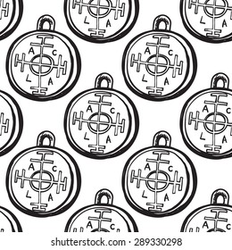 Hand drawing symbols of luck seamless pattern. Vector background with fortune on white background. Chess grid order