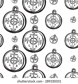 Hand drawing symbols of luck seamless pattern. Vector background with coin and fortune on white background. Chess grid order