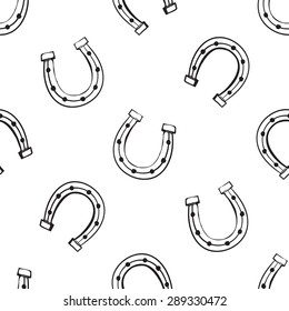Hand drawing symbols of luck seamless pattern. Vector background with arc and horseshoe on white background. Chess grid order