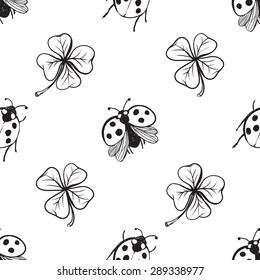 Hand drawing symbols of luck seamless pattern. Vector background with ladybird, ladybug, clover, quatrefoil on white background. Chess grid order