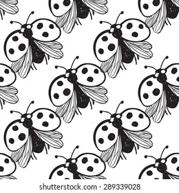 Hand drawing symbols of luck seamless pattern. Vector background with ladybird on white background. Chess grid order