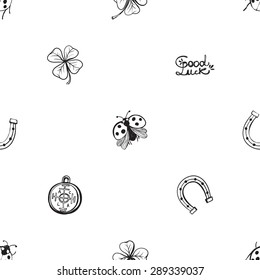 Hand drawing symbols of luck seamless pattern. Vector background with ladybird, ladybug, arc, slogan, fortune, horseshoe, clover, quatrefoil on white background. Chess grid order