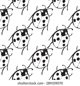 Hand drawing symbols of luck seamless pattern. Vector background with ladybug on white background. Chess grid order