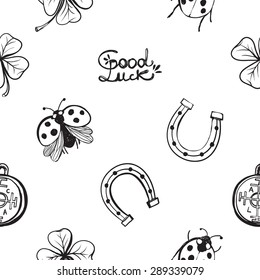 Hand drawing symbols of luck seamless pattern. Vector background with ladybird, ladybug, arc, slogan, fortune, horseshoe, clover, quatrefoil on white background. Chess grid order