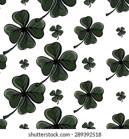 Hand drawing symbols of luck seamless pattern. Vector background with clover and quatrefoil on white background. Chess grid order