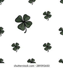 Hand drawing symbols of luck seamless pattern. Vector background with clover on white background. Chess grid order