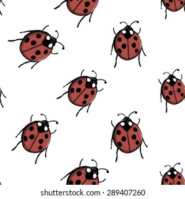 Hand drawing symbols of luck seamless pattern. Vector background with ladybug on white background. Chess grid order
