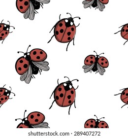 Hand drawing symbols of luck seamless pattern. Vector background with ladybird and ladybug on white background. Chess grid order