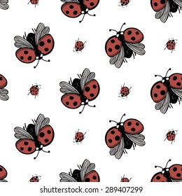 Hand drawing symbols of luck seamless pattern. Vector background with ladybird and ladybug on white background. Chess grid order
