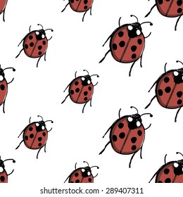Hand drawing symbols of luck seamless pattern. Vector background with ladybug on white background. Chess grid order
