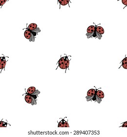 Hand drawing symbols of luck seamless pattern. Vector background with ladybird and ladybug on white background. Chess grid order