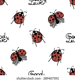 Hand drawing symbols of luck seamless pattern. Vector background with ladybird, ladybug, slogan on white background. Chess grid order