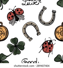 Hand drawing symbols of luck seamless pattern. Vector background with ladybird, ladybug, arc, slogan, fortune wheel, horseshoe, clover, quatrefoil on white background. Chess grid order