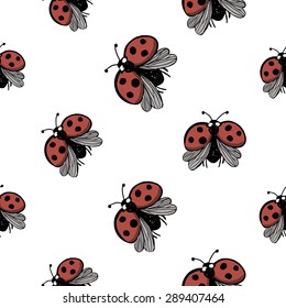 Hand drawing symbols of luck seamless pattern. Vector background with ladybird on white background. Chess grid order