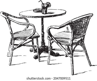Hand drawing of table and chairs in summer outdoors cafe on city street