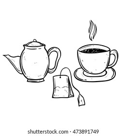 hand drawing tea and coffee with outline on white background