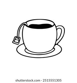 Dibujo a mano de una taza de té con una bolsa de té colgando del borde