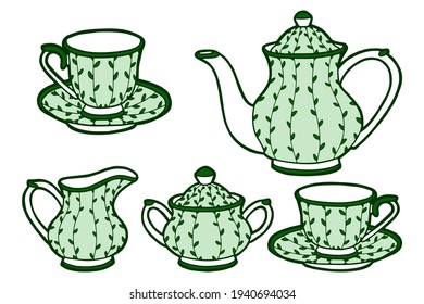 Hand drawing tea set. Teapot, milk jug, sugar bowl, cups and saucers. Green design. Dishes with botanical designs. 