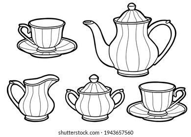 Hand drawing tea set. Teapot, milk jug, sugar bowl and cups and saucers. Black outline. Coloring page. 
