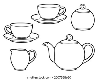 Hand drawing tea set. Teapot, milk jug, sugar bowl and cups and saucers. Black outline. Coloring page. 