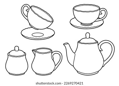 Juego de té para dibujar a mano. Tetera, jarra de leche, tazón de azúcar, tazas y platillos. Borde negro. Colorido de la página.