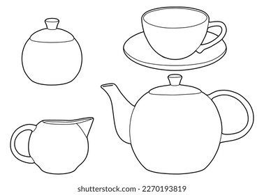 Hand drawing tea set. Teapot, milk jug, sugar bowl and cups and saucers. Black outline. Coloring page.