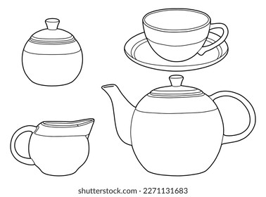 Hand drawing tea set. Teapot, milk jug, sugar bowl and cups and saucers. Black outline. Coloring page.