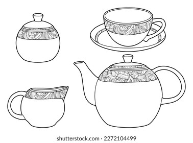 Hand drawing tea set. Teapot, milk jug, sugar bowl and cups and saucers. Black outline. Coloring page.