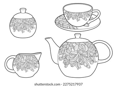 Hand drawing tea set. Teapot, milk jug, sugar bowl and cups and saucers. black outline. coloring page. Floral ornament.